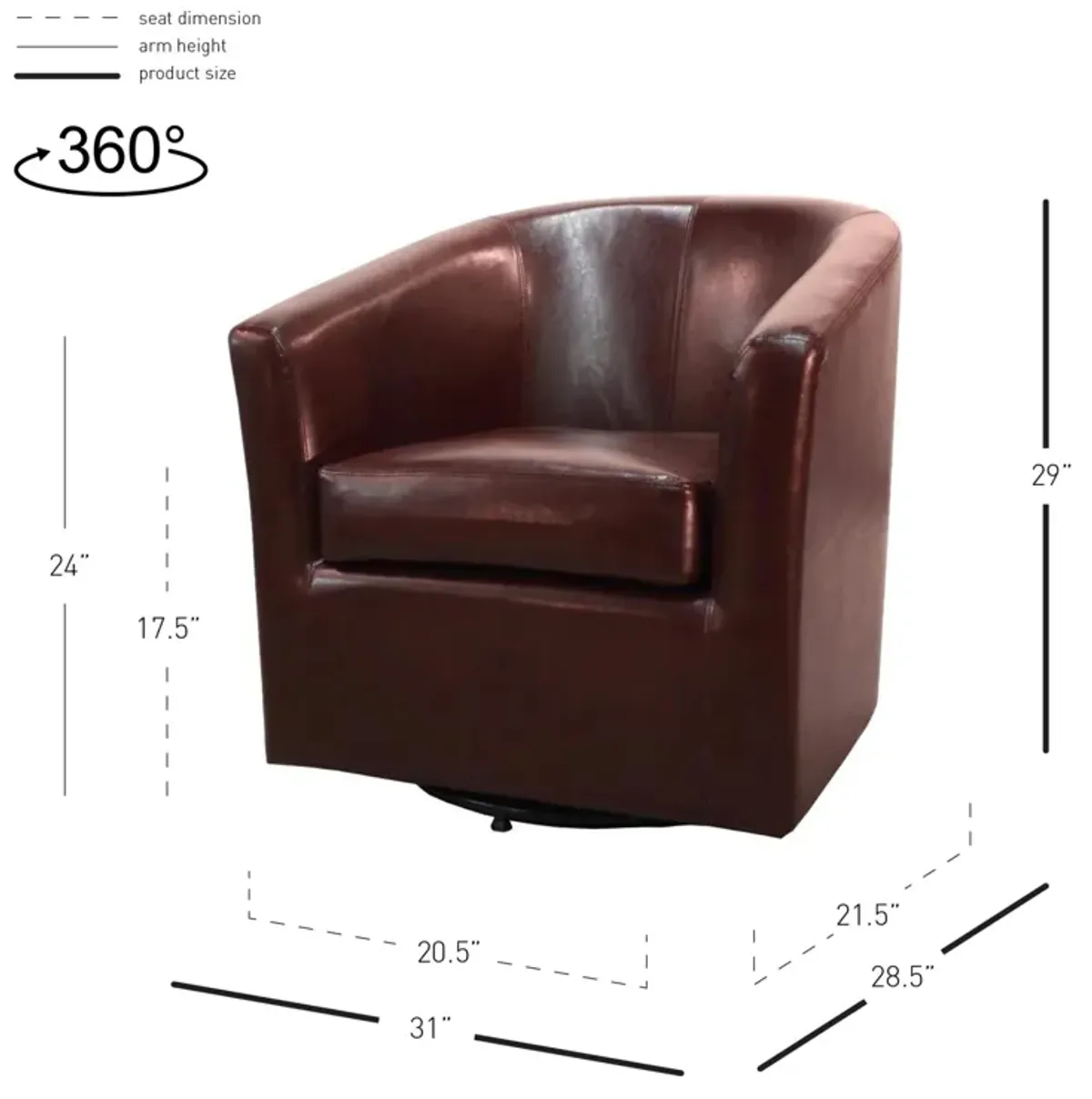 hayden swivel bonded leather accent arm chair, saddle brown