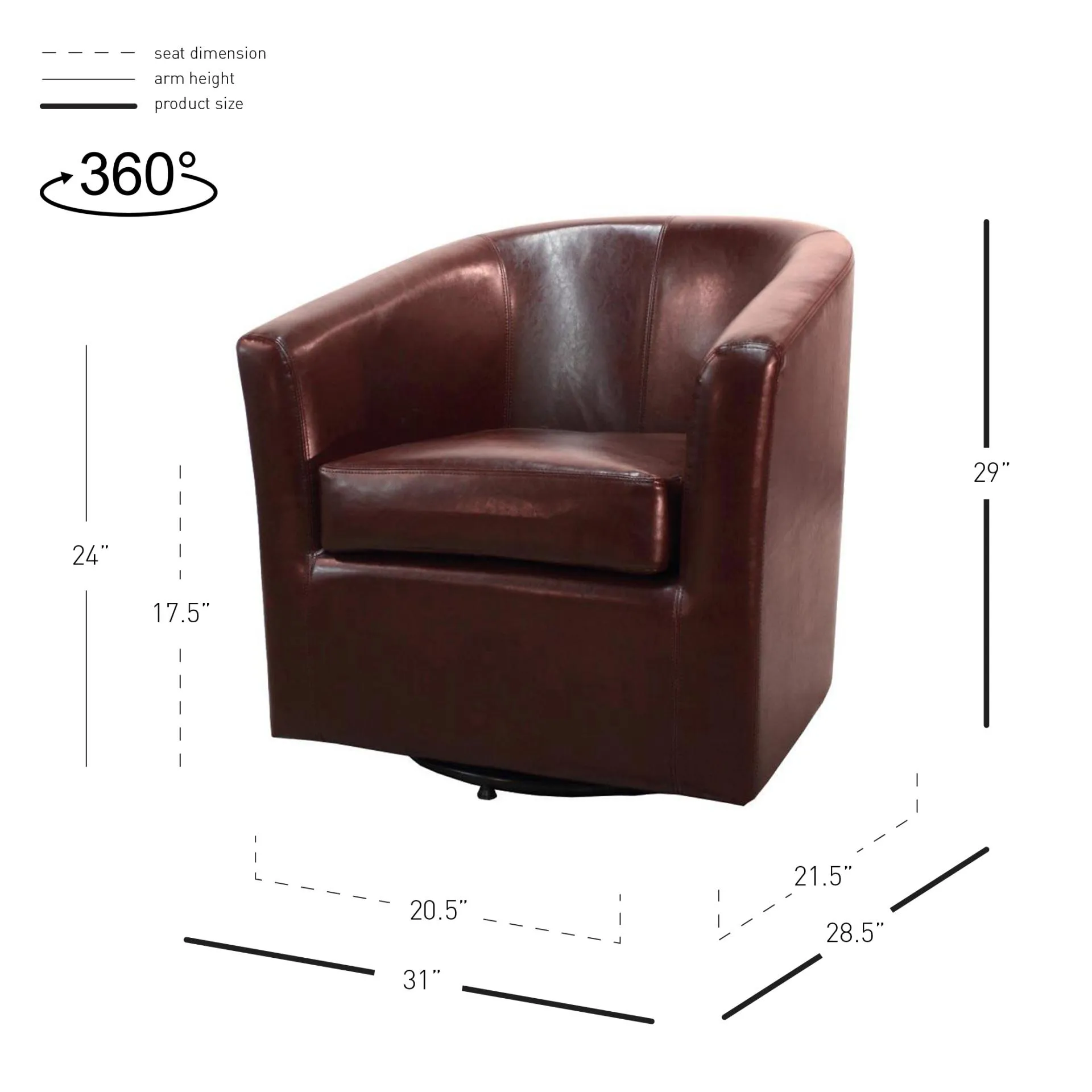 hayden swivel bonded leather accent arm chair, saddle brown