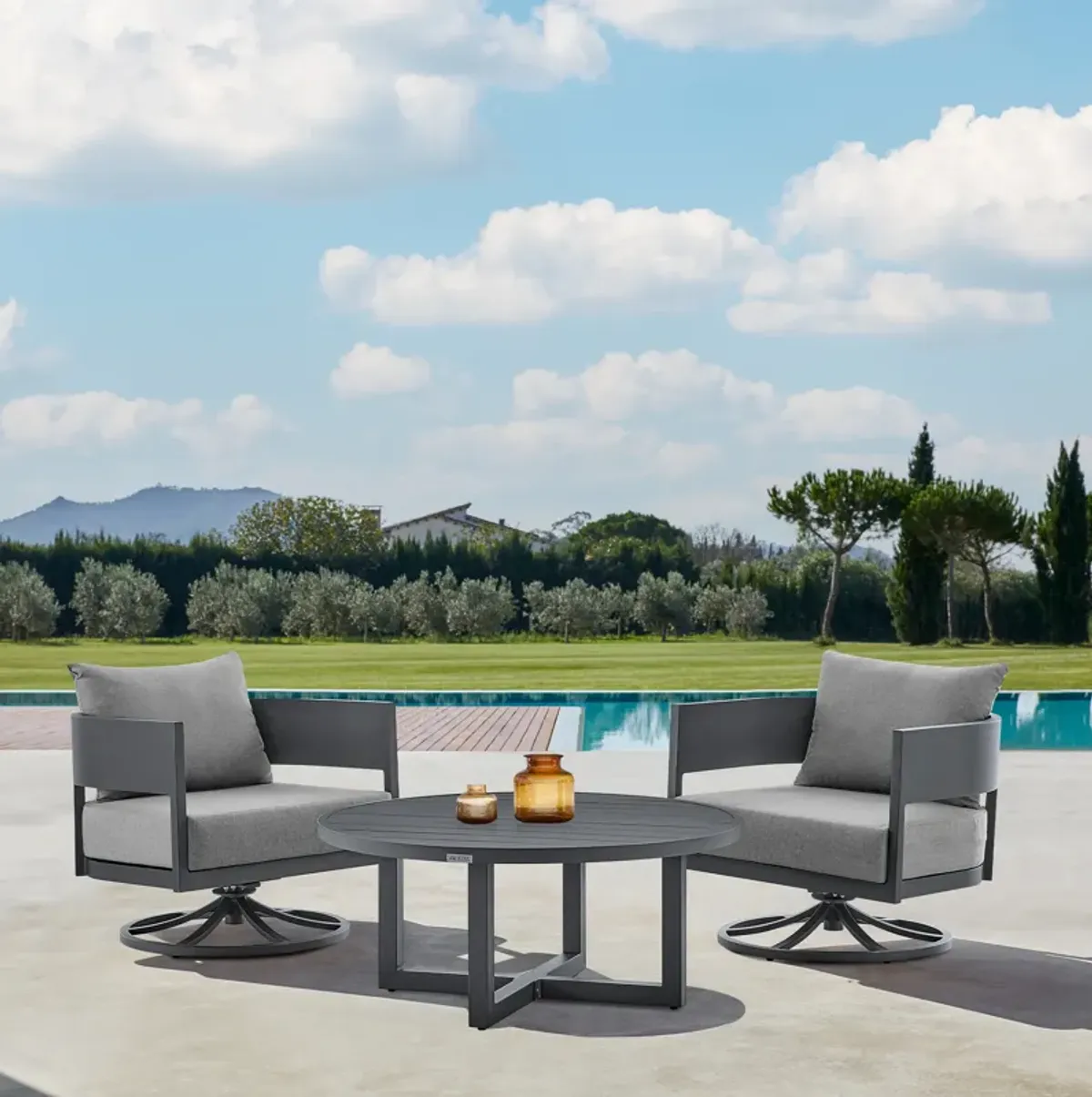 Argiope 3 Piece Patio Outdoor Swivel Seating Set in Dark Gray Aluminum with Gray Cushions