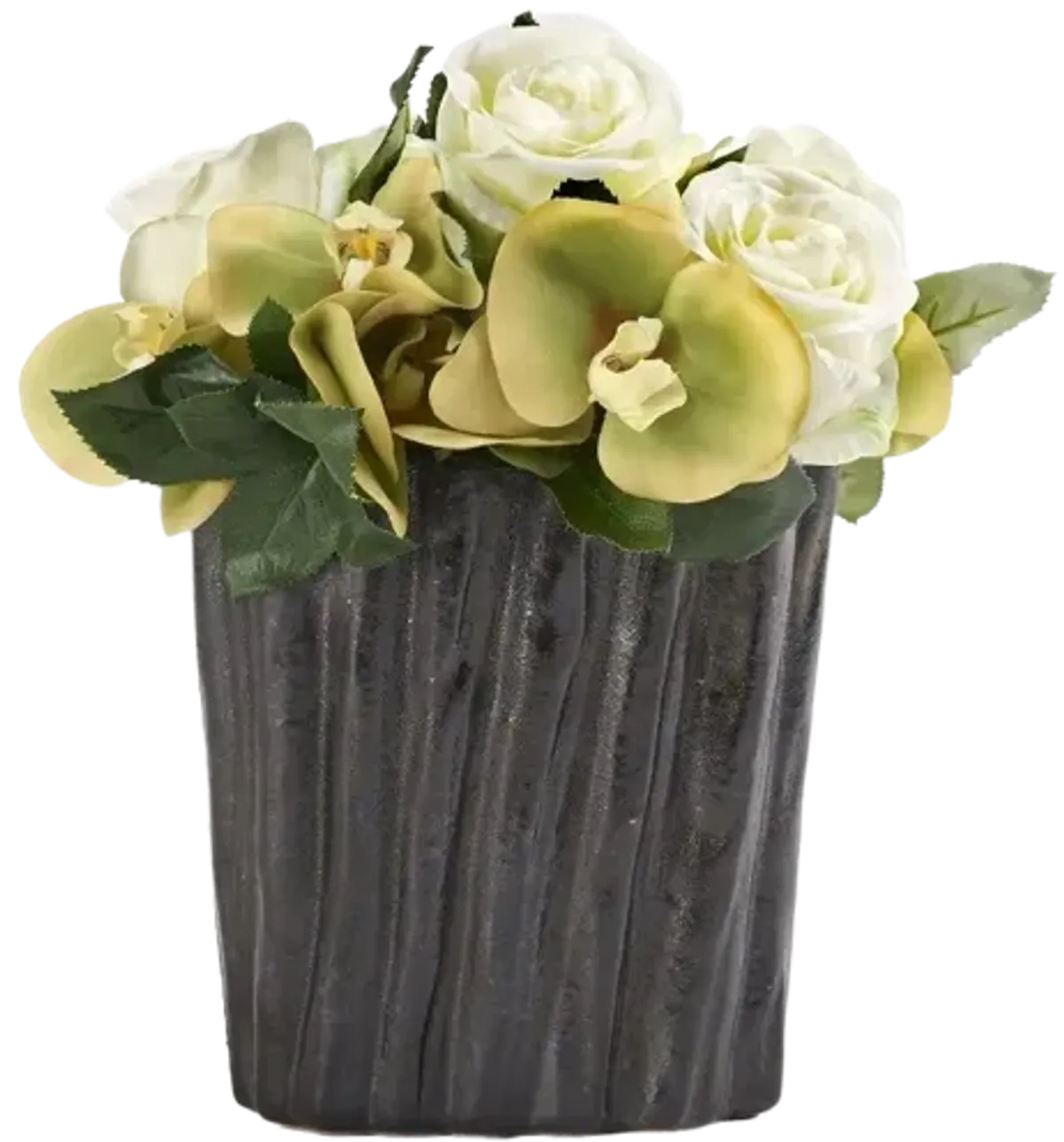 White Natural Touch Roses And Phael Orchids in Oval Ceramic Planter