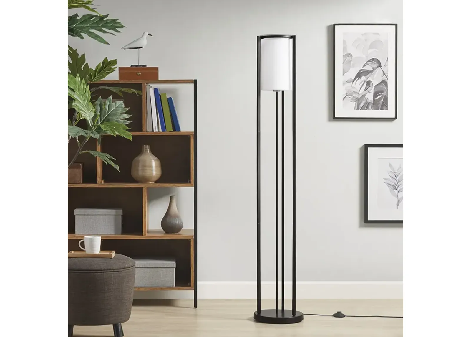 Martha Stewart Charlton Black Metal Floor Lamp with Glass Cylinder Shade