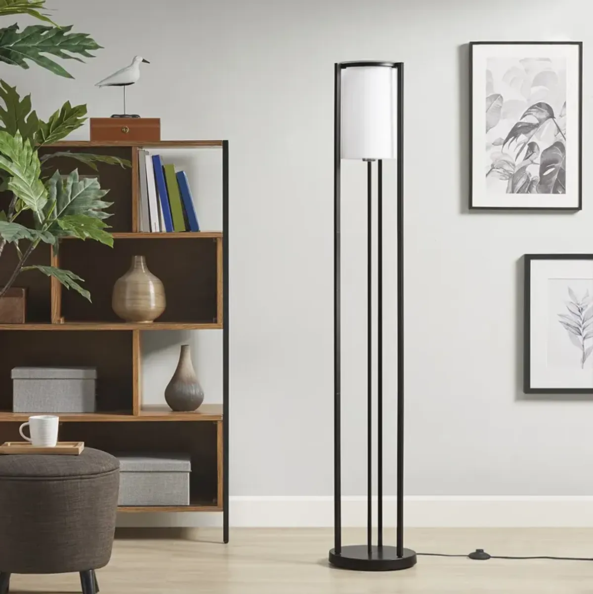 Martha Stewart Charlton Black Metal Floor Lamp with Glass Cylinder Shade