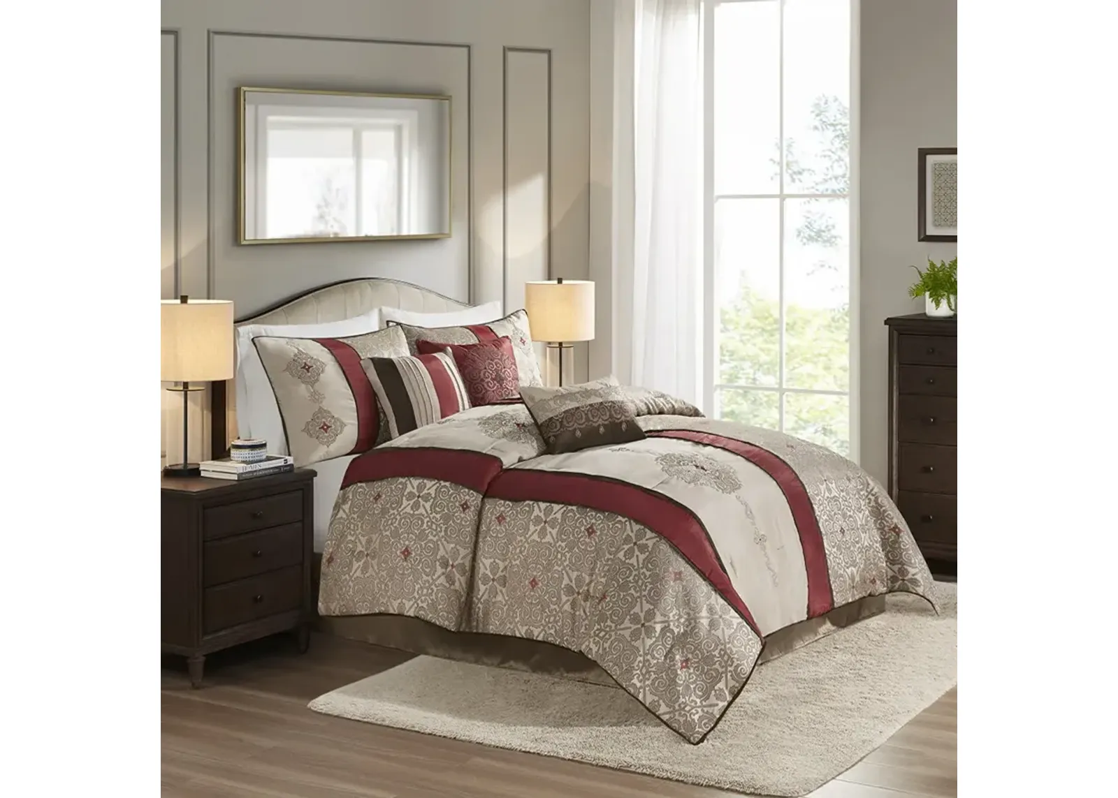 Madison Park Donovan Red 7 Piece Jacquard Comforter Set with Throw Pillows