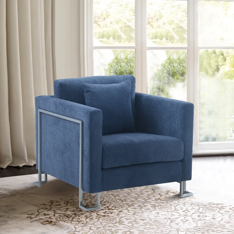 Heritage Blue Fabric Upholstered Accent Chair with Brushed Stainless Steel Legs