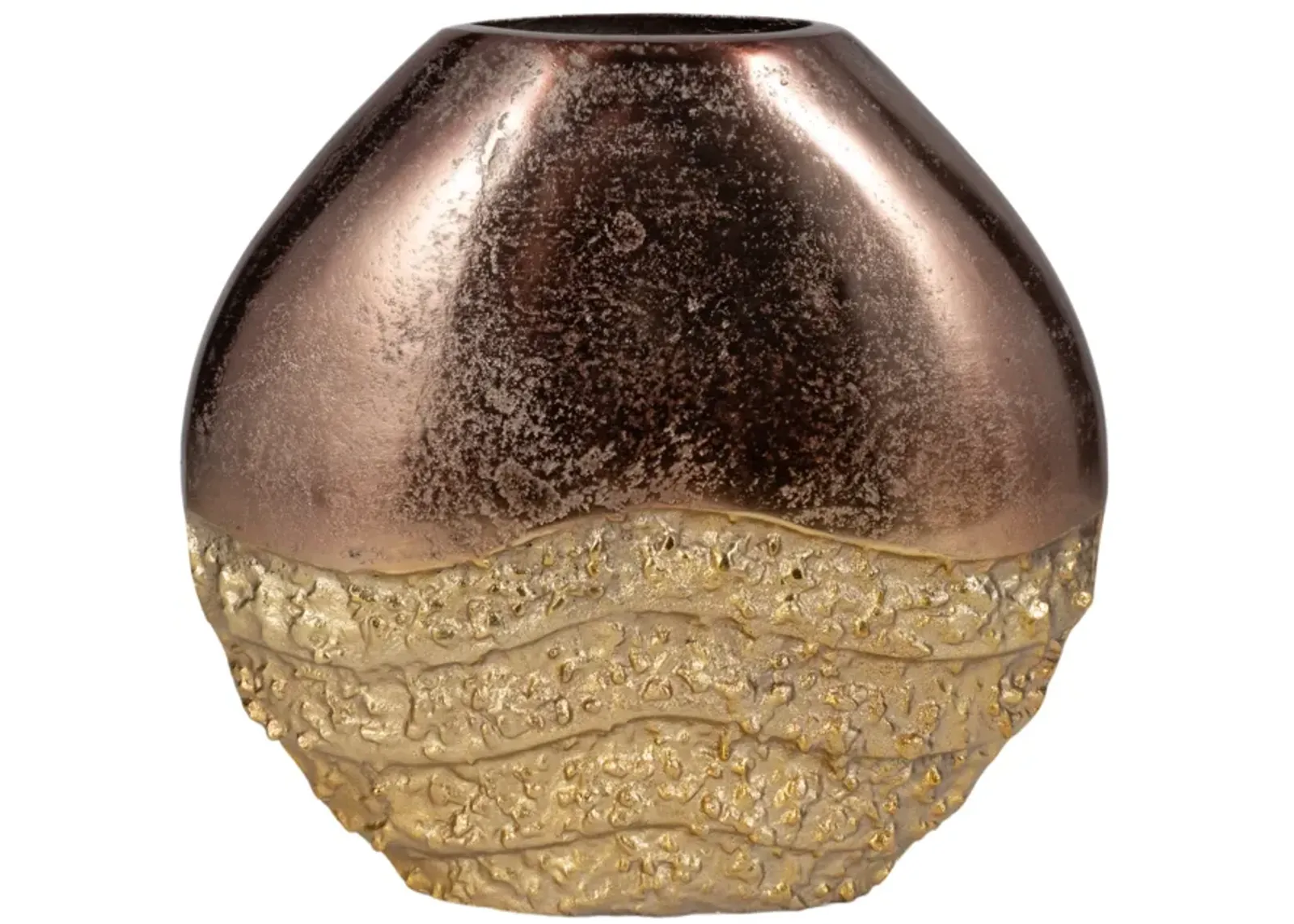 Metal, 12" Ridged Round Vase, Black/gold