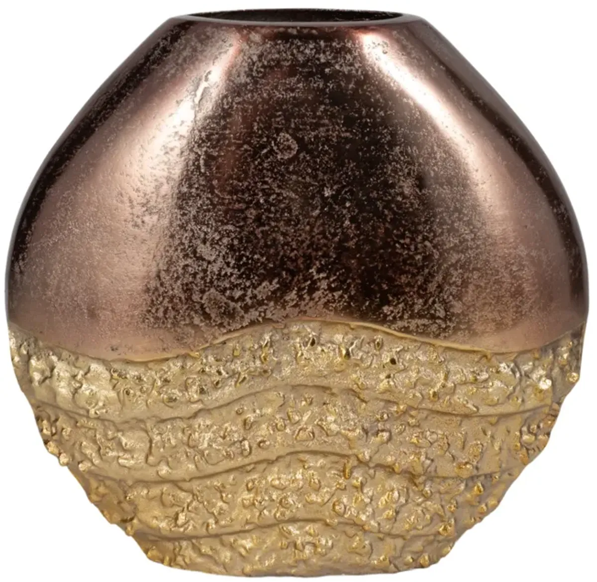 Metal, 12" Ridged Round Vase, Black/gold