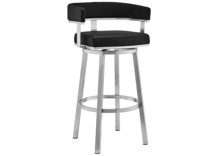 Cohen 26" Black Faux Leather and Brushed Stainless Steel Swivel Bar Stool