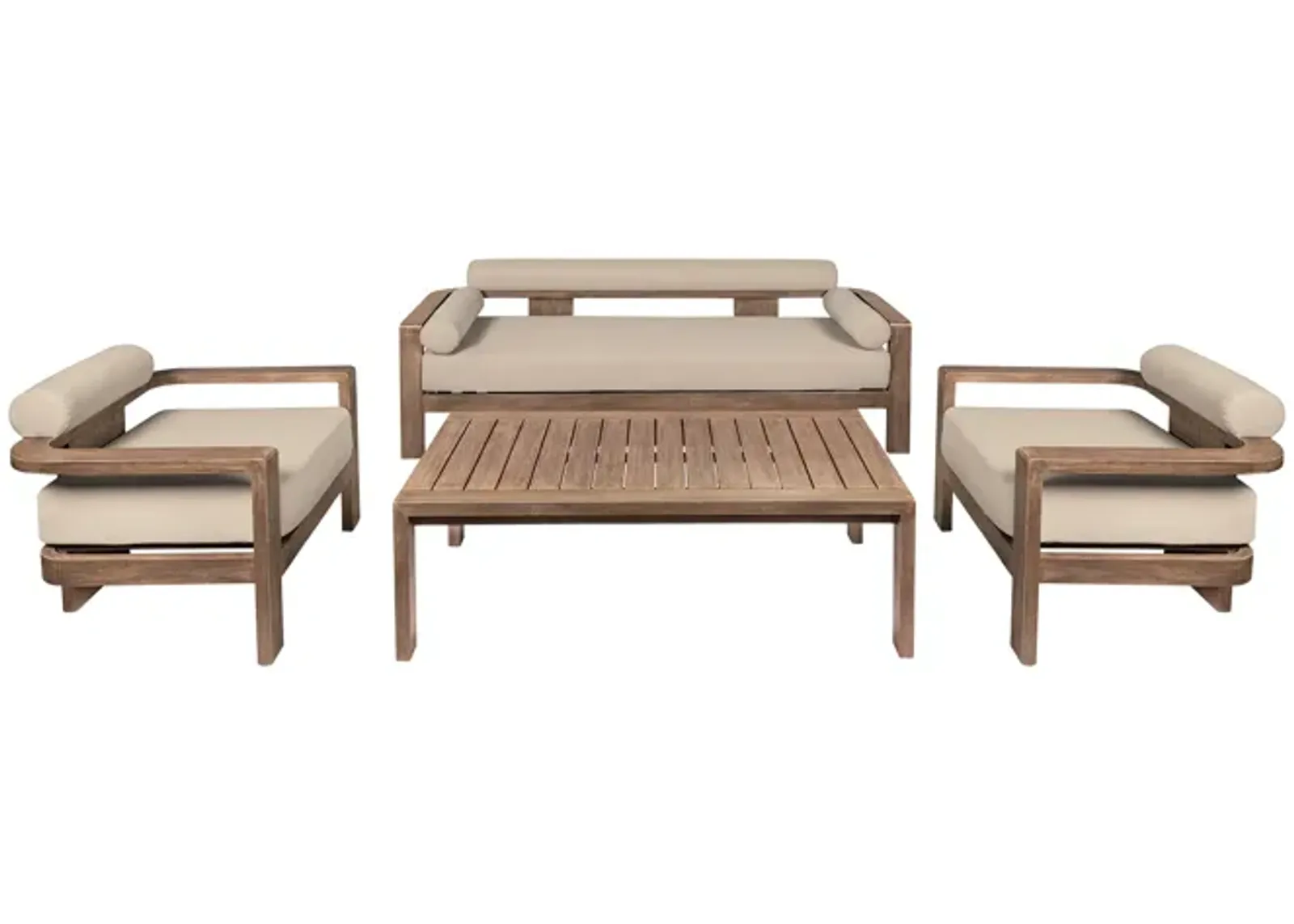 Relic Outdoor Patio 4 Piece Conversation Set in Weathered Eucalyptus Wood with Taupe Olefin Cushions