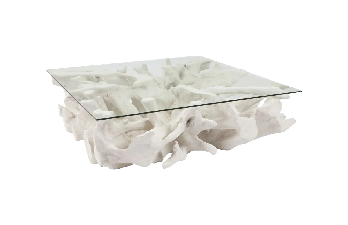 Cast Root Coffee Table, White Stone, With Glass