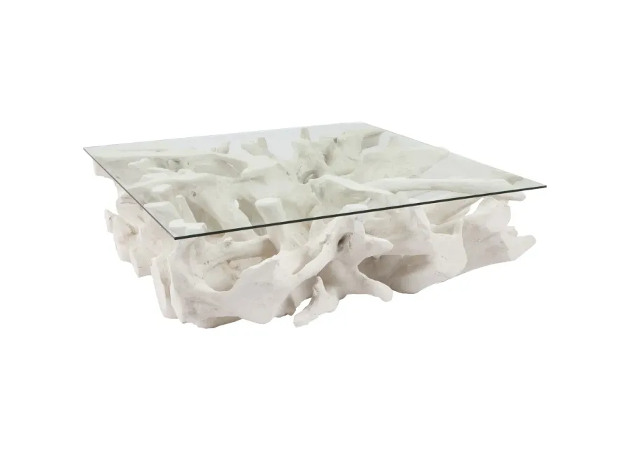 Cast Root Coffee Table, White Stone, With Glass