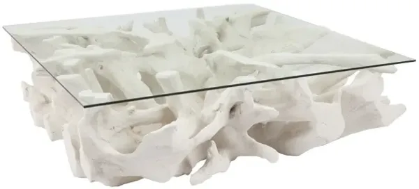 Cast Root Coffee Table, White Stone, With Glass