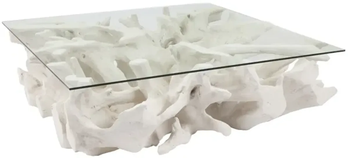 Cast Root Coffee Table, White Stone, With Glass