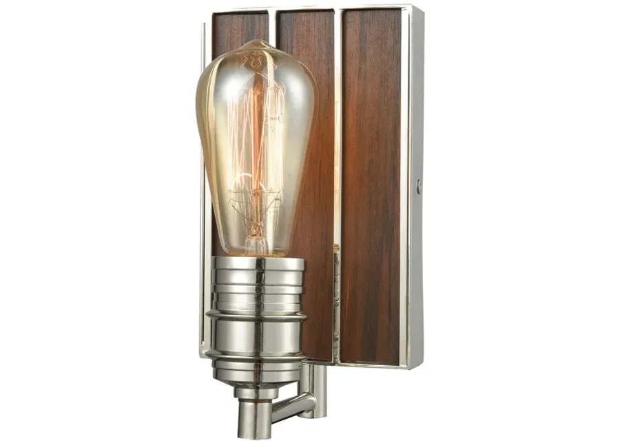 Brookweiler 1-Light Vanity Lamp in Polished Nickel with Dark Wood Backplate