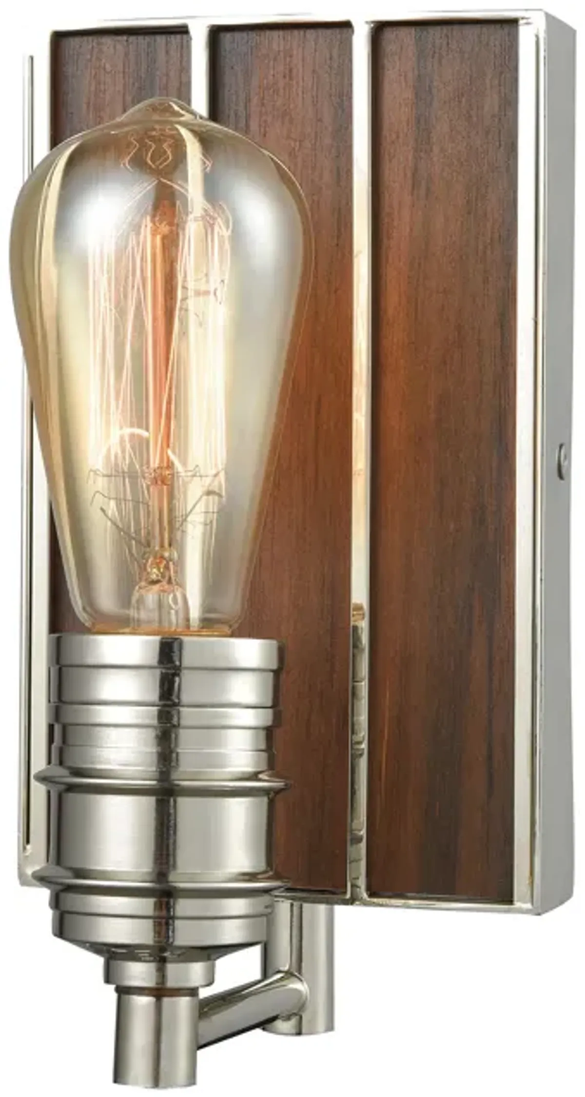 Brookweiler 1-Light Vanity Lamp in Polished Nickel with Dark Wood Backplate