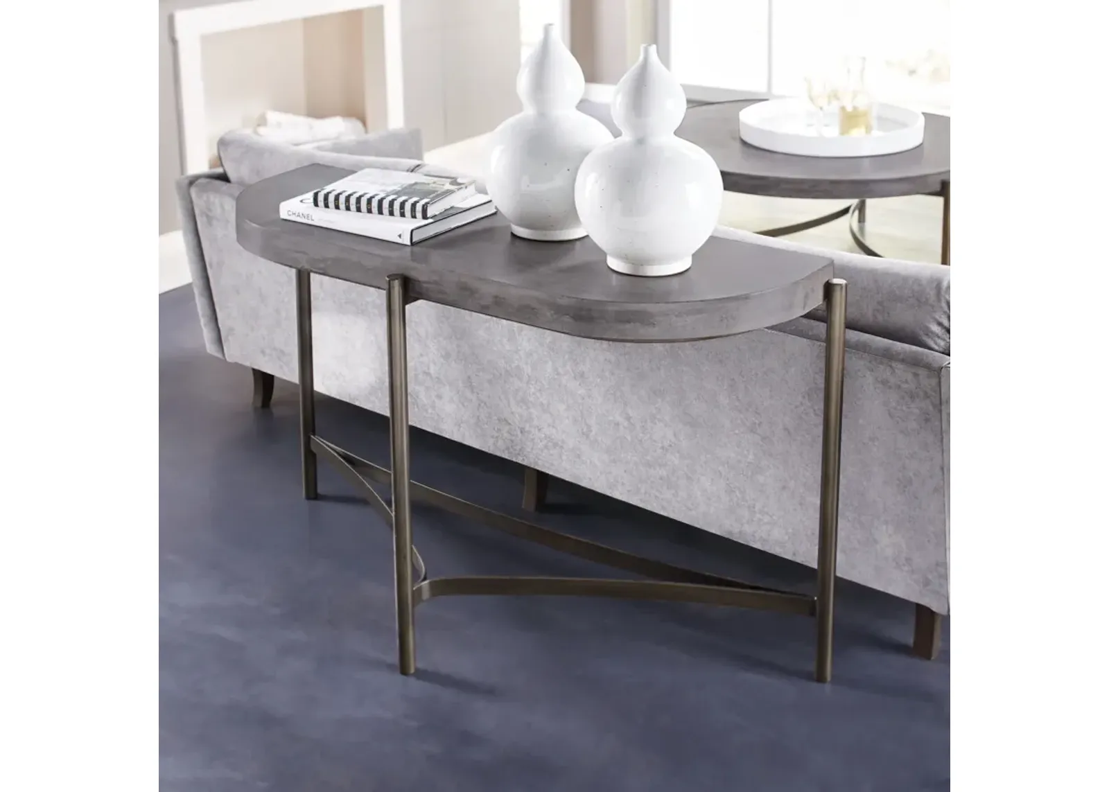 Lyon Semi-circular Natural Concrete and Metal Console Table