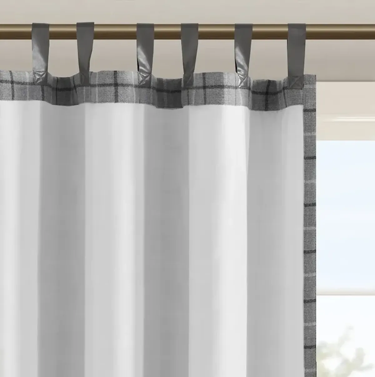 Anaheim Plaid Faux Leather Tab Top Curtain Panel with Fleece Lining