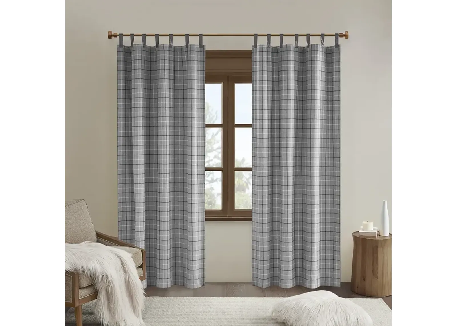 Anaheim Plaid Faux Leather Tab Top Curtain Panel with Fleece Lining