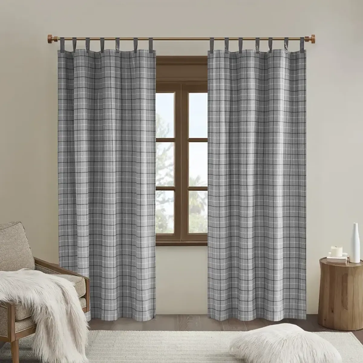 Anaheim Plaid Faux Leather Tab Top Curtain Panel with Fleece Lining