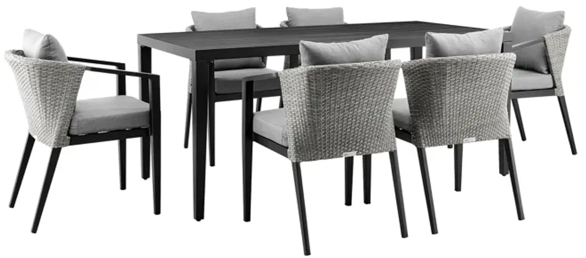 Palma Outdoor Patio 7-Piece Dining Table Set in Aluminum and Wicker with Grey Cushions