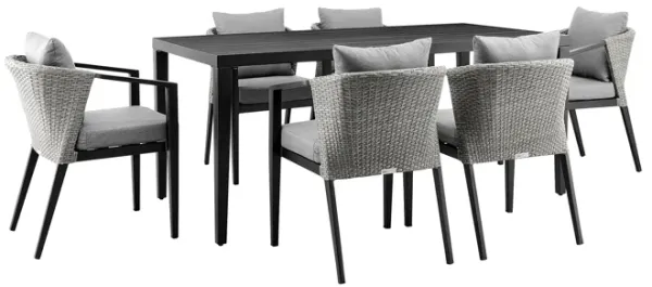 Palma Outdoor Patio 7-Piece Dining Table Set in Aluminum and Wicker with Grey Cushions