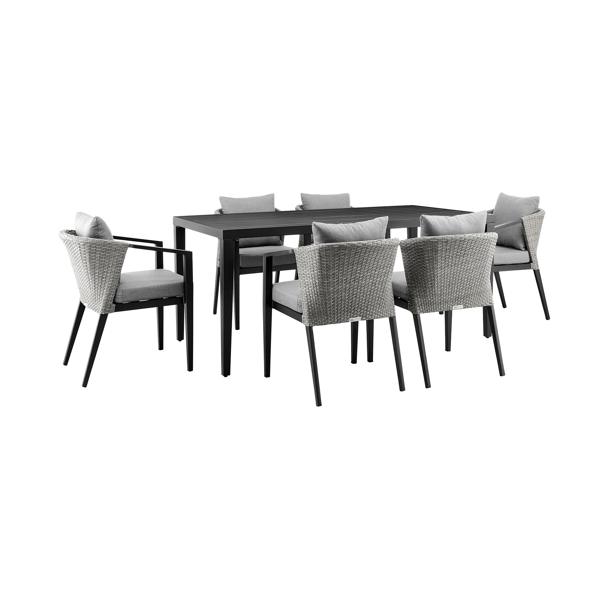 Palma Outdoor Patio 7-Piece Dining Table Set in Aluminum and Wicker with Grey Cushions