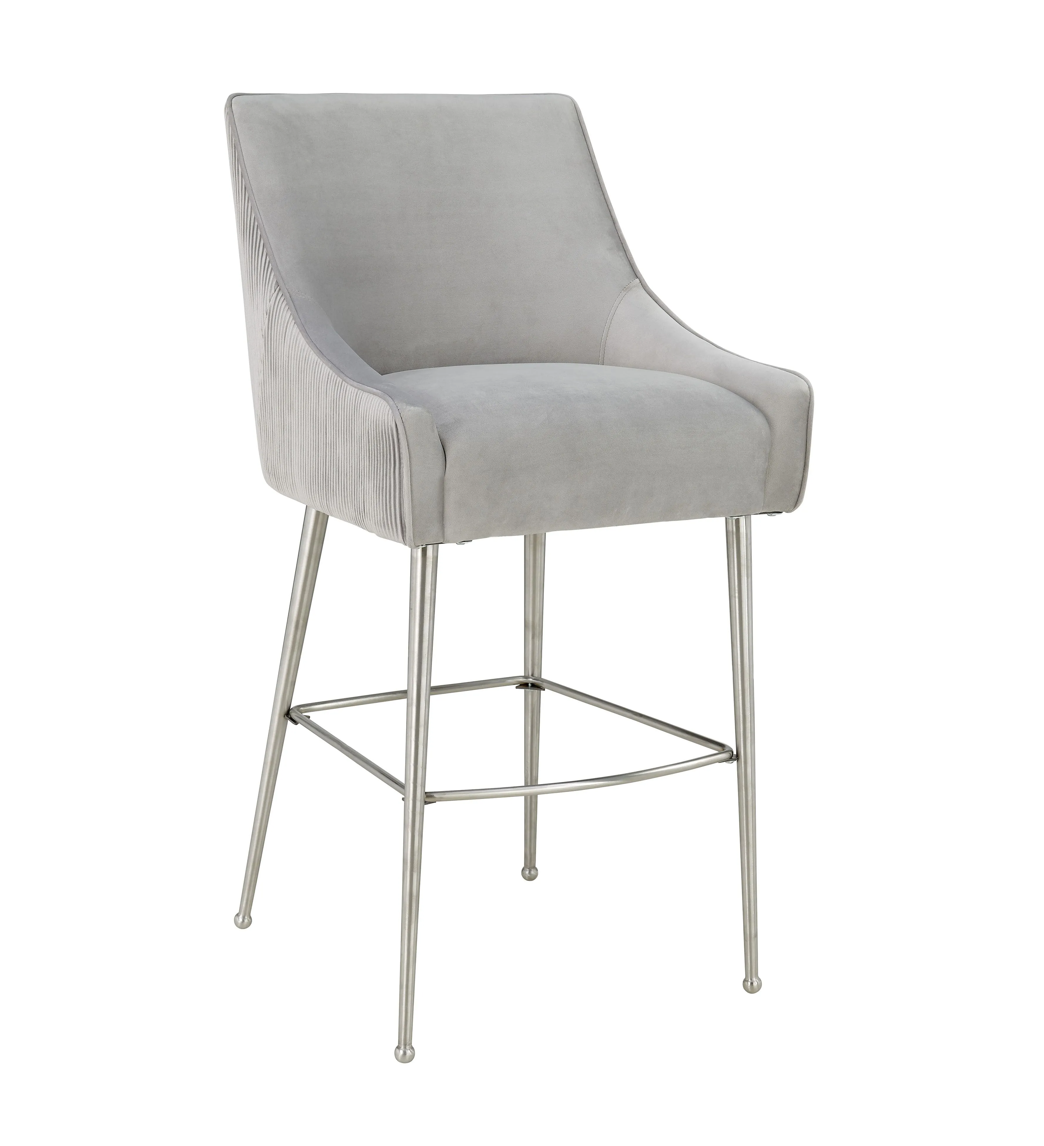 Beatrix Pleated Light Grey Velvet Bar Stool