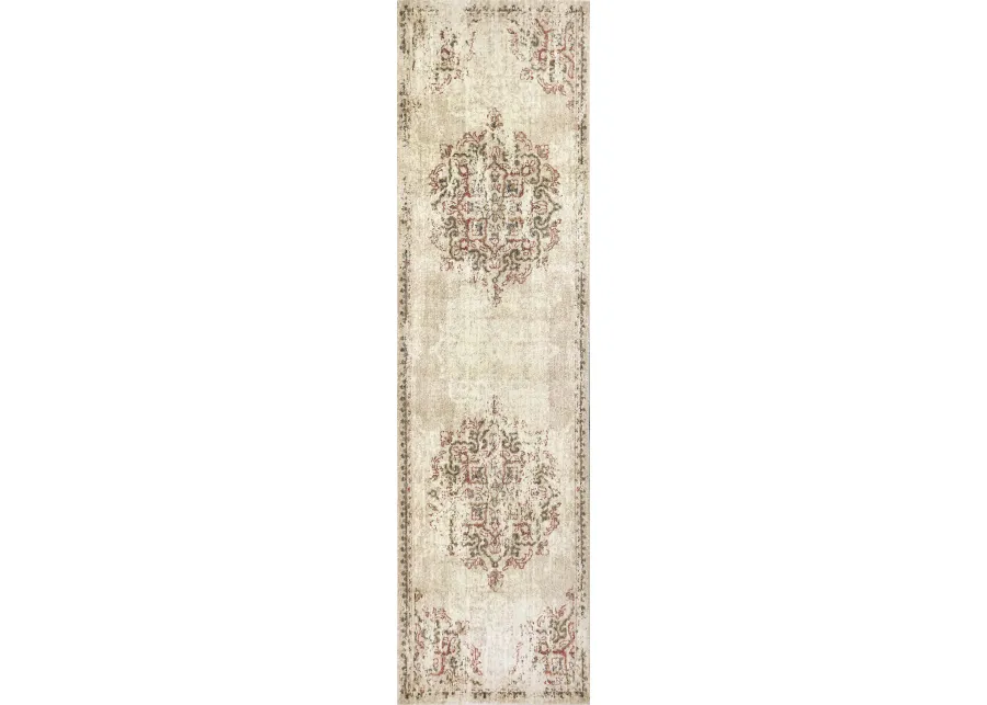 Gossamer Beige Medallion Distress 100% New Zealand Wool 2'6" x 8' Runner Rug