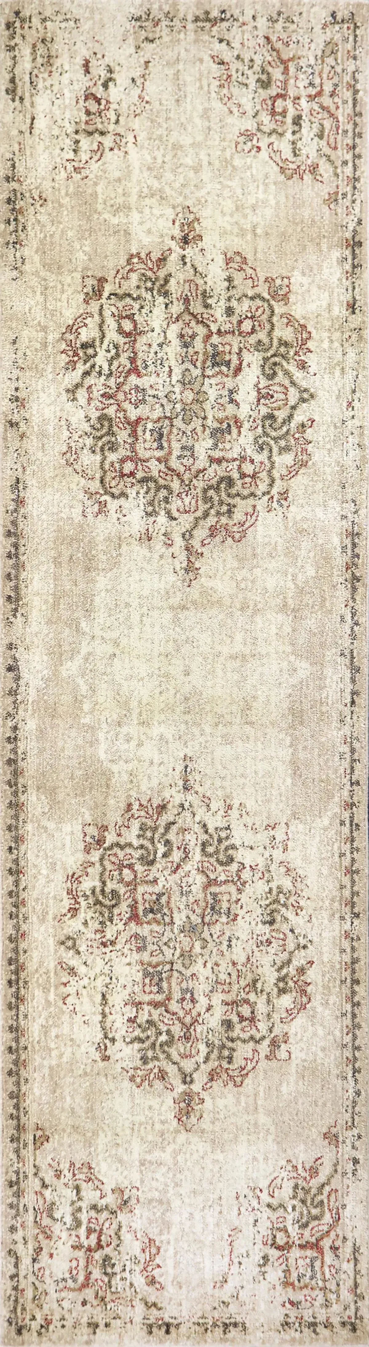 Gossamer Beige Medallion Distress 100% New Zealand Wool 2'6" x 8' Runner Rug