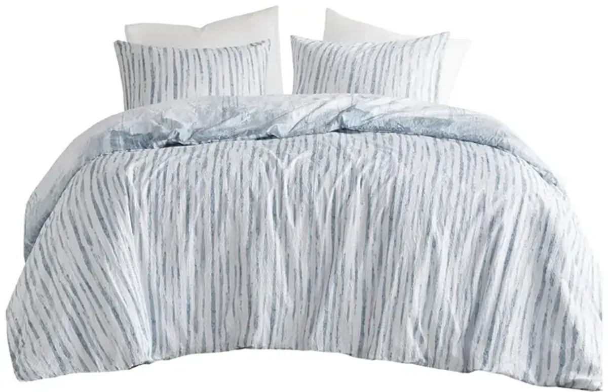 N Natori Brush Stroke Blue 3 Piece Oversized Reversible Seersucker Duvet Cover Mini Set