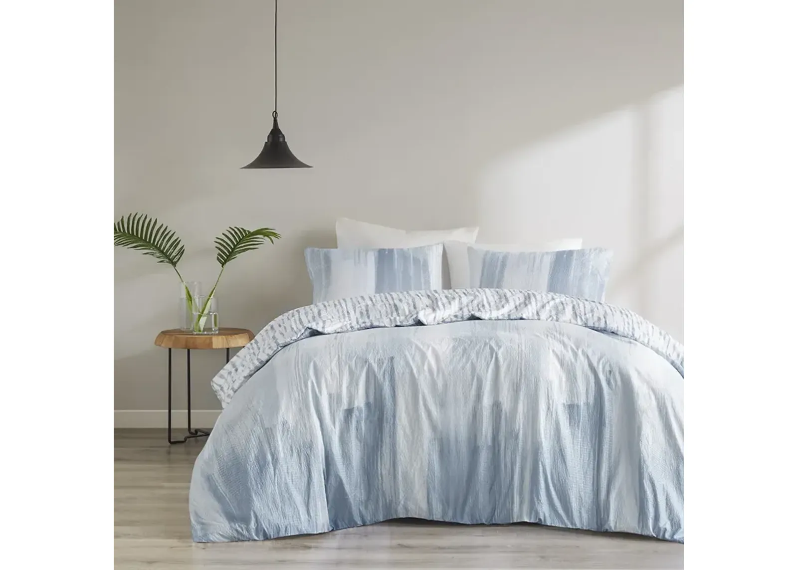 N Natori Brush Stroke Blue 3 Piece Oversized Reversible Seersucker Duvet Cover Mini Set