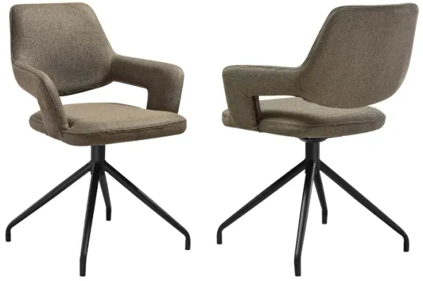 Penny Swivel Upholstered Dining Chair in Brown Fabric with Black Metal Legs - Set of 2