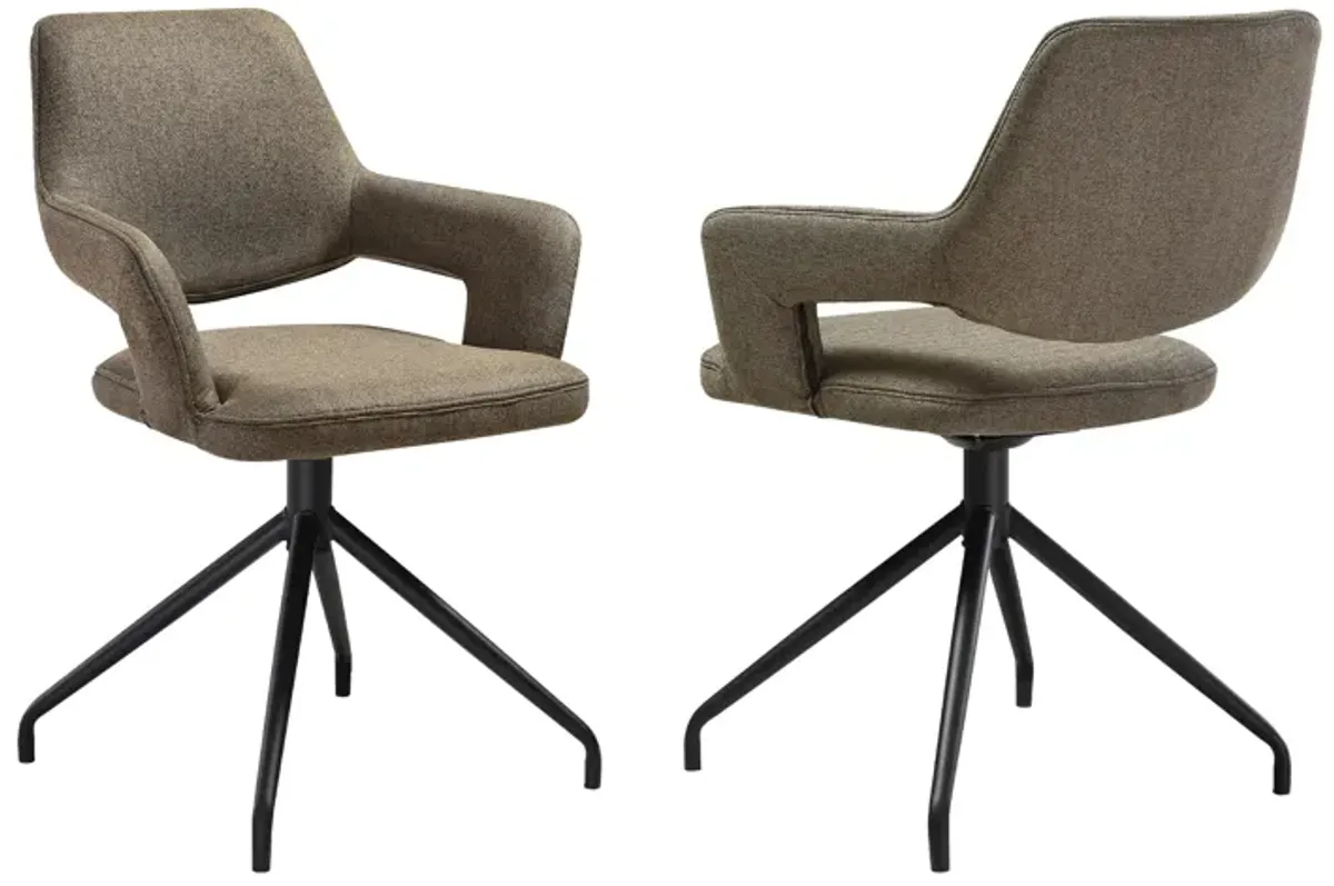 Penny Swivel Upholstered Dining Chair in Brown Fabric with Black Metal Legs - Set of 2