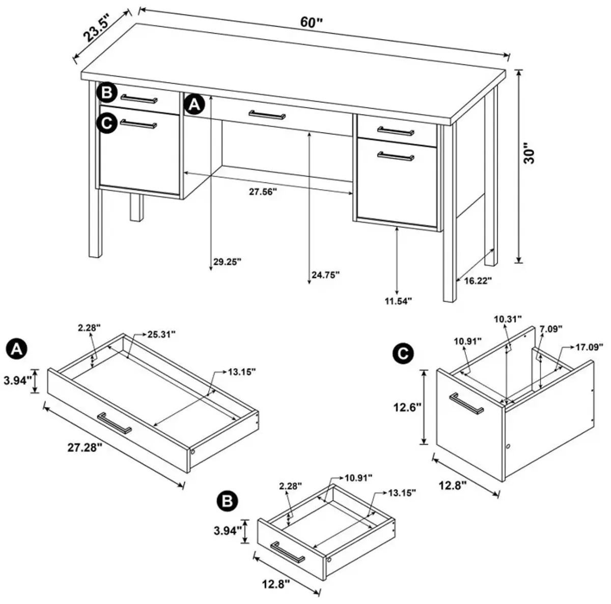 Abingdon 4-Drawer Office Desk Weathered Oak