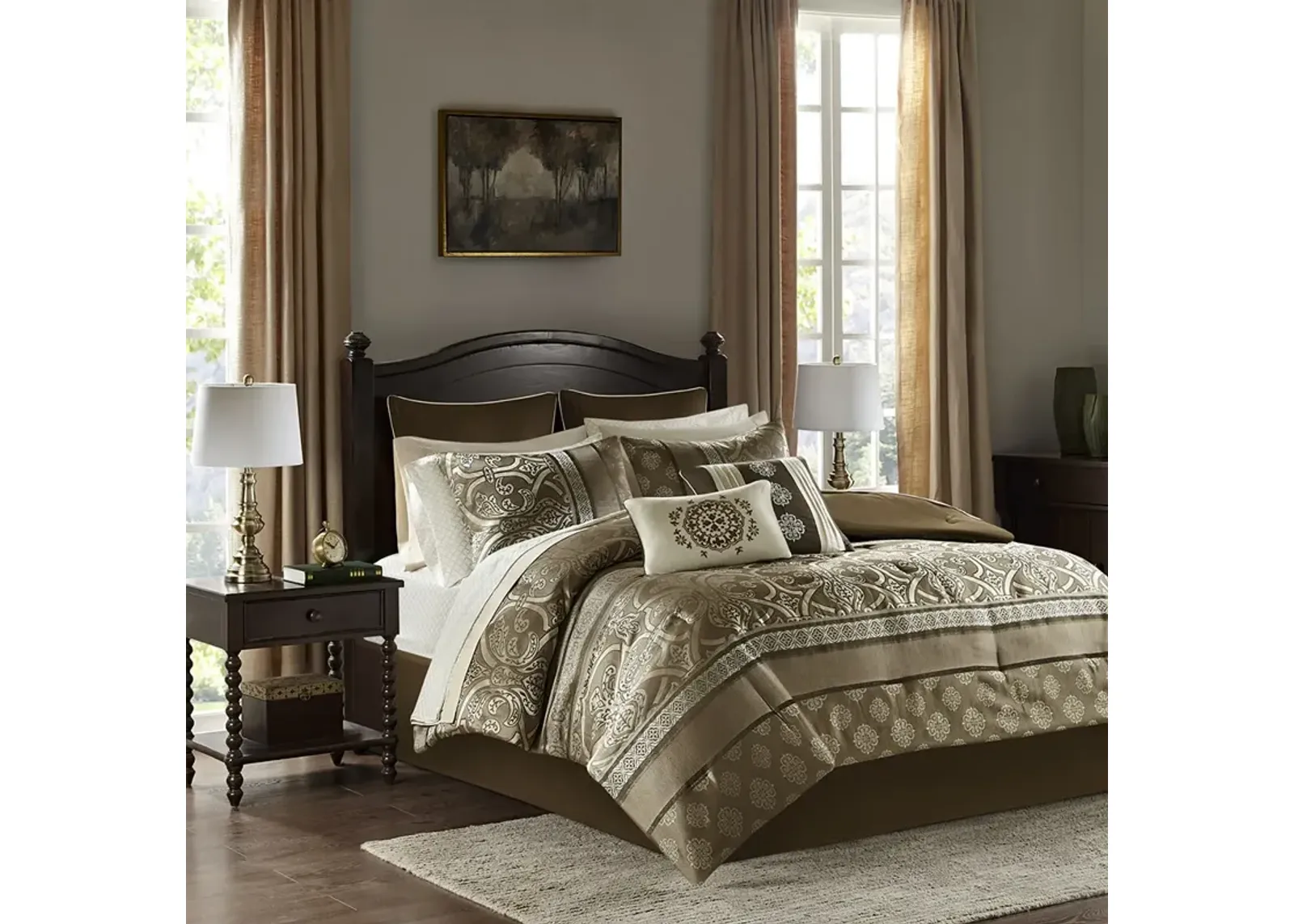 Madison Park Essentials Zara Brown 16 Piece Jacquard Comforter Set with 2 Bed Sheet Sets