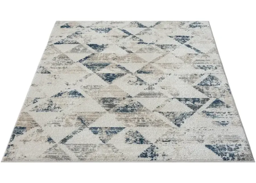 Blitz Ivory/ Blue Contemporary Geometric High-Low Plush Polyester Blend Area Rug 5' x 7'