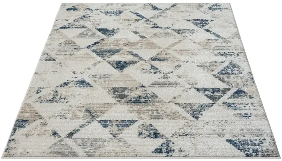 Blitz Ivory/ Blue Contemporary Geometric High-Low Plush Polyester Blend Area Rug 5' x 7'