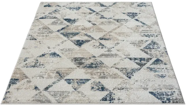 Blitz Ivory/ Blue Contemporary Geometric High-Low Plush Polyester Blend Area Rug 5' x 7'