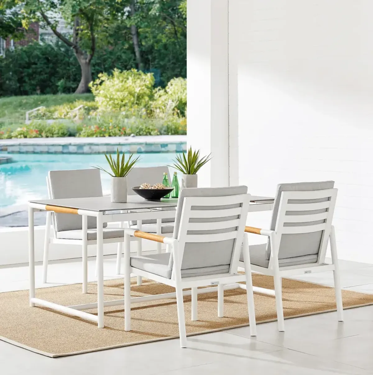 Crown White Aluminum and Teak Outdoor Dining Table with Stone Top