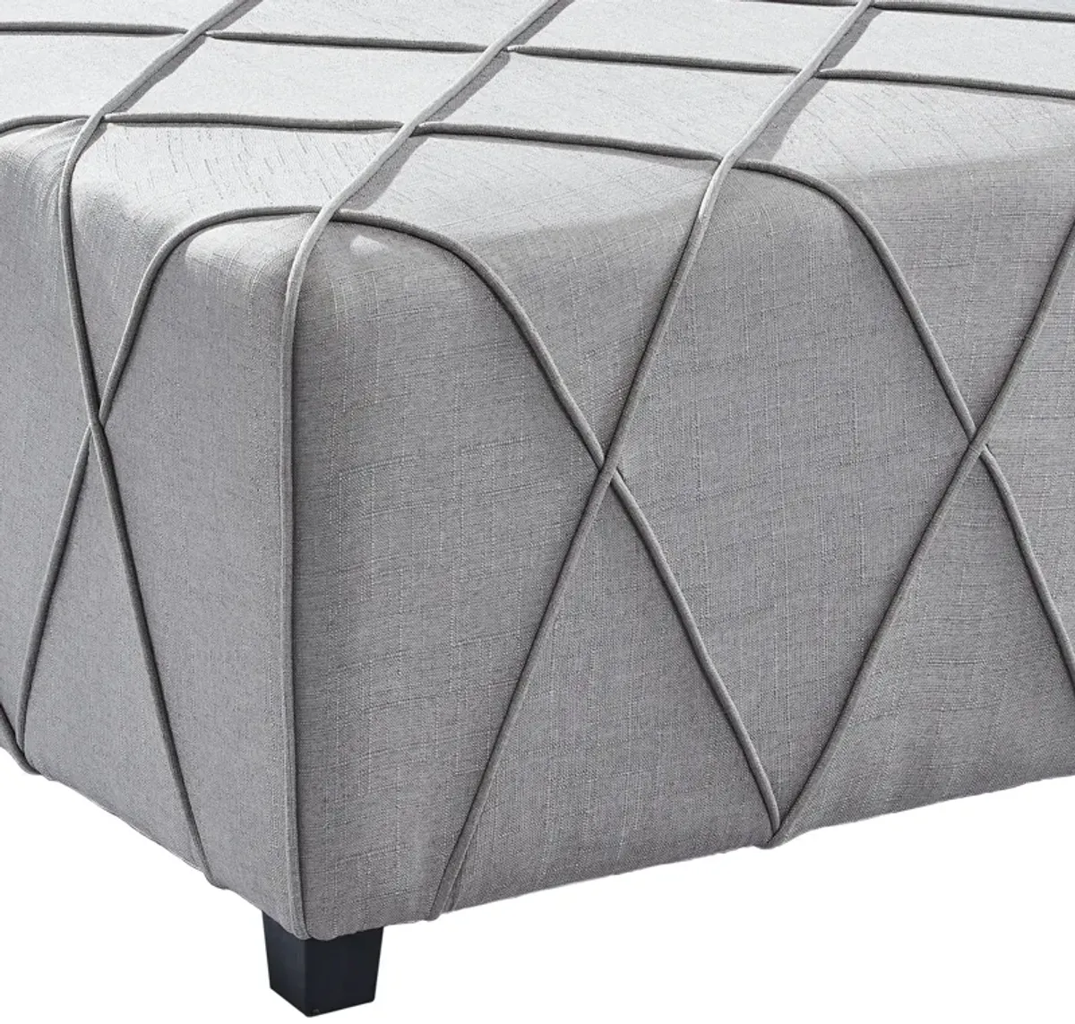 Gemini Contemporary Ottoman in Silver Linen with Piping Accents and Wood Legs