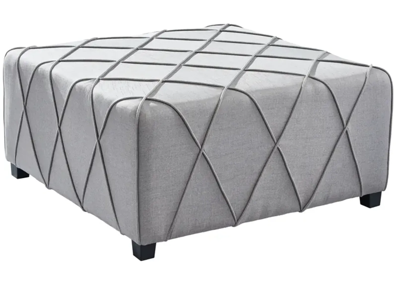 Gemini Contemporary Ottoman in Silver Linen with Piping Accents and Wood Legs