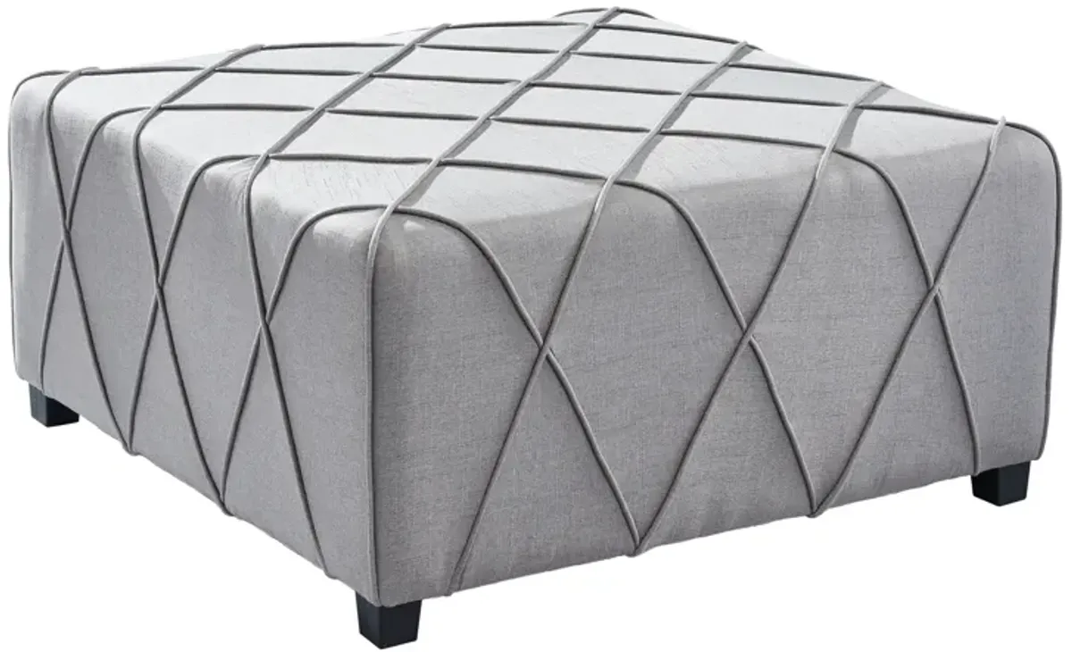 Gemini Contemporary Ottoman in Silver Linen with Piping Accents and Wood Legs