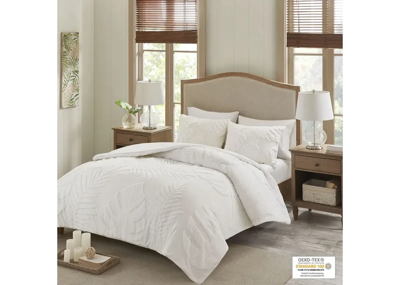 Madison Park Bahari Off-White 3 Piece Tufted Cotton Chenille Palm Comforter Set