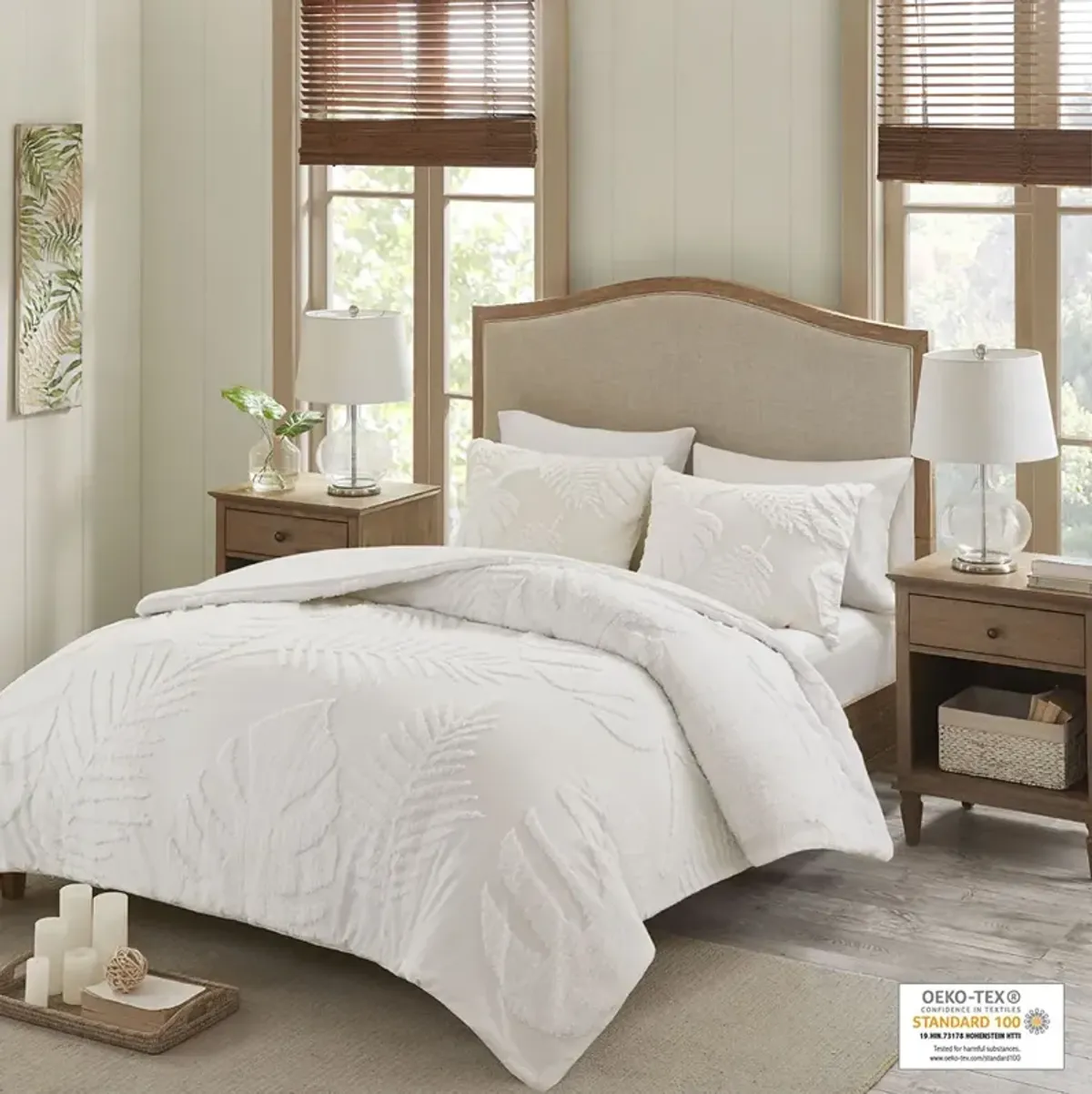 Madison Park Bahari Off-White 3 Piece Tufted Cotton Chenille Palm Comforter Set