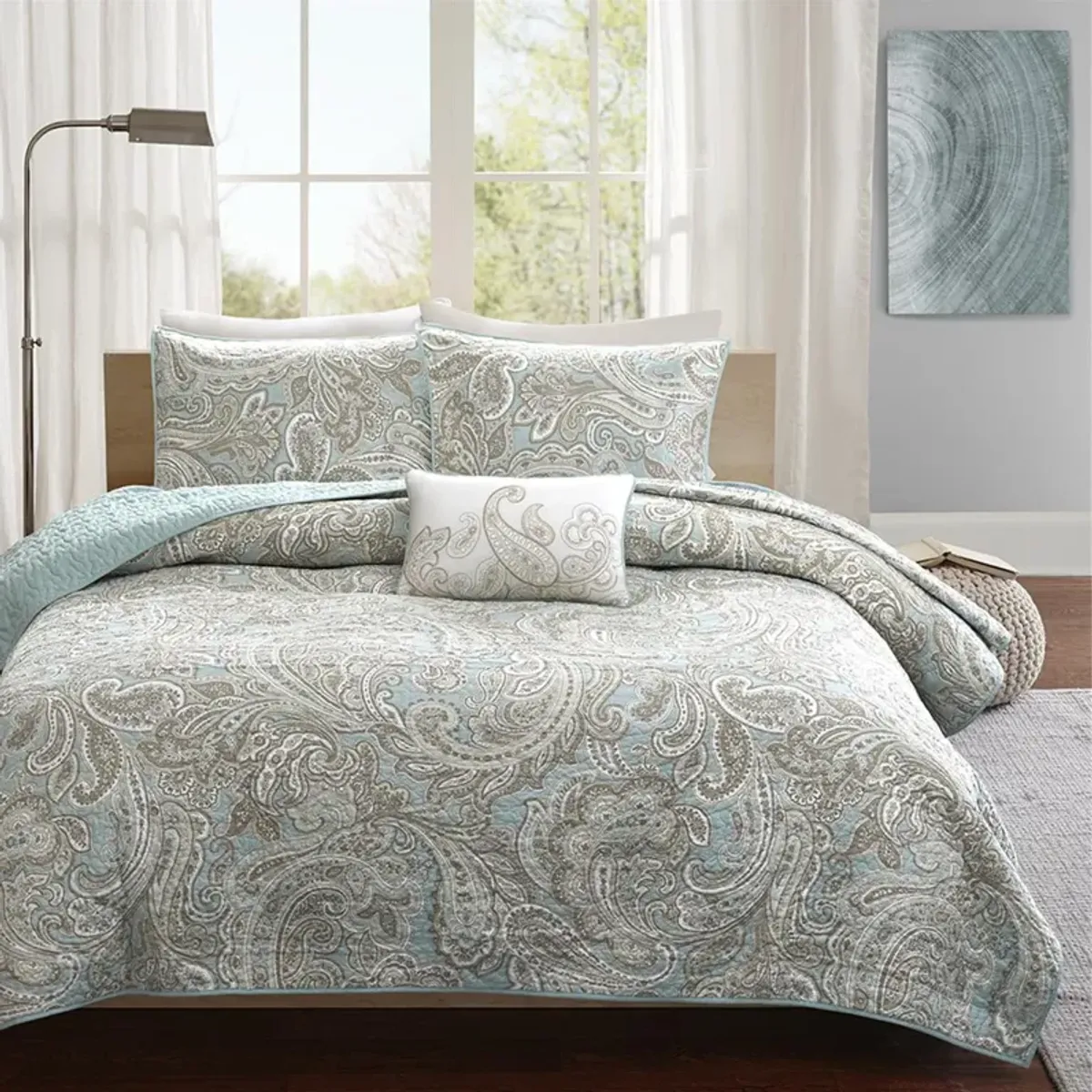 Madison Park Pure Ronan Blue 4 Piece Cotton Quilt Set with Throw Pillow