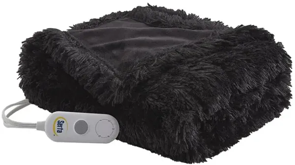 Serta Malea Black Shaggy Faux Fur Heated Throw
