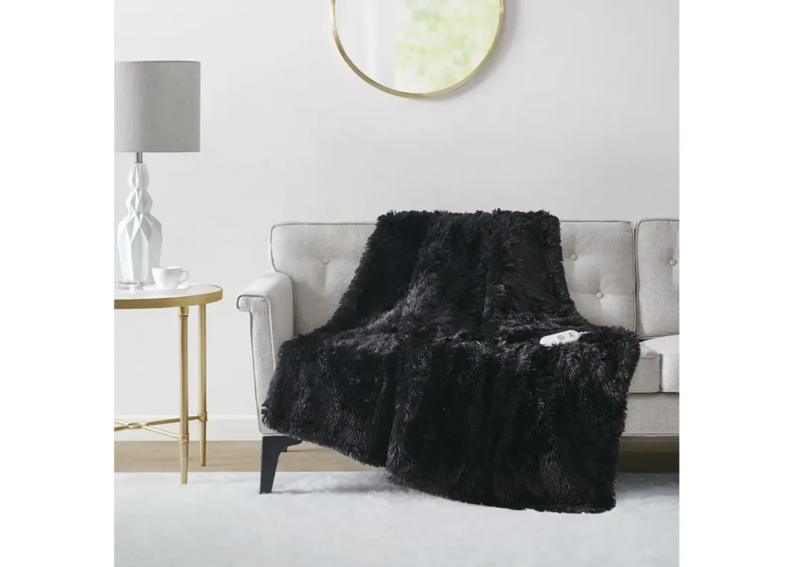 Serta Malea Black Shaggy Faux Fur Heated Throw