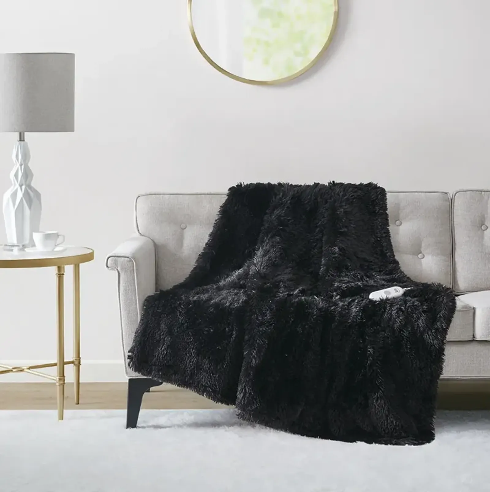 Serta Malea Black Shaggy Faux Fur Heated Throw