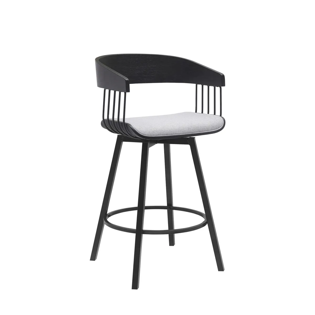 Athena 27" Swivel Black Wood Counter Stool in Light Gray Fabric with Black Metal