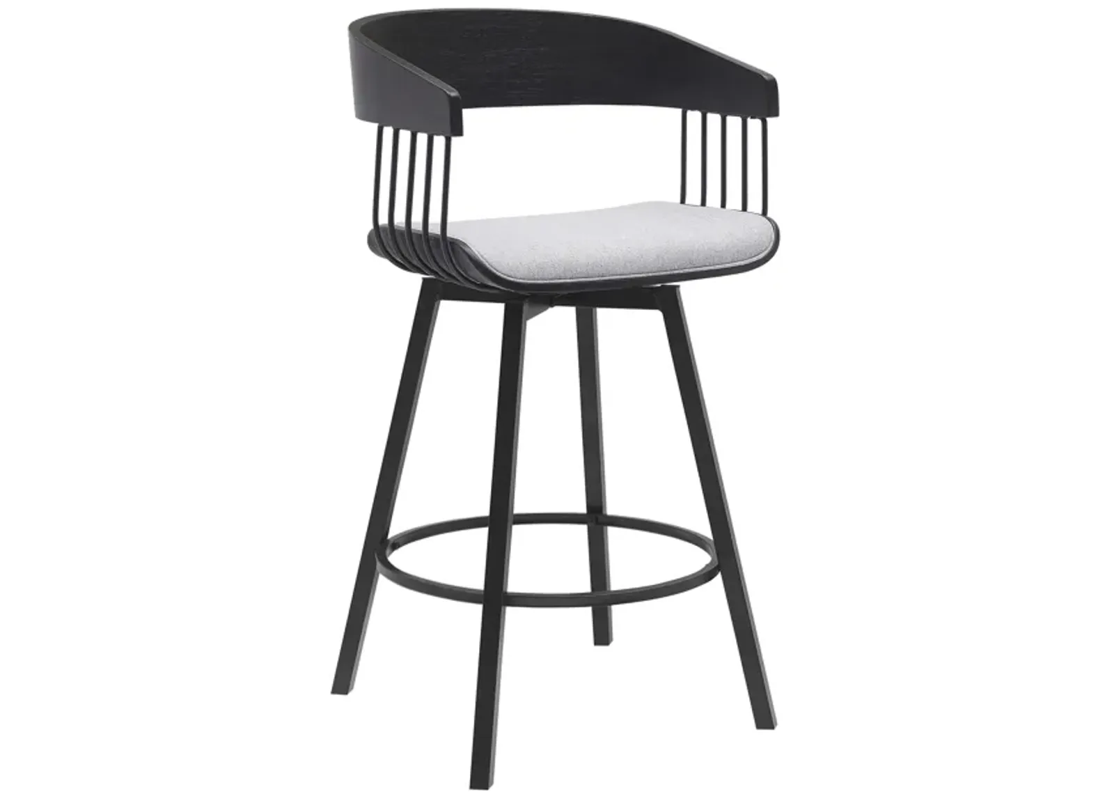 Athena 27" Swivel Black Wood Counter Stool in Light Gray Fabric with Black Metal