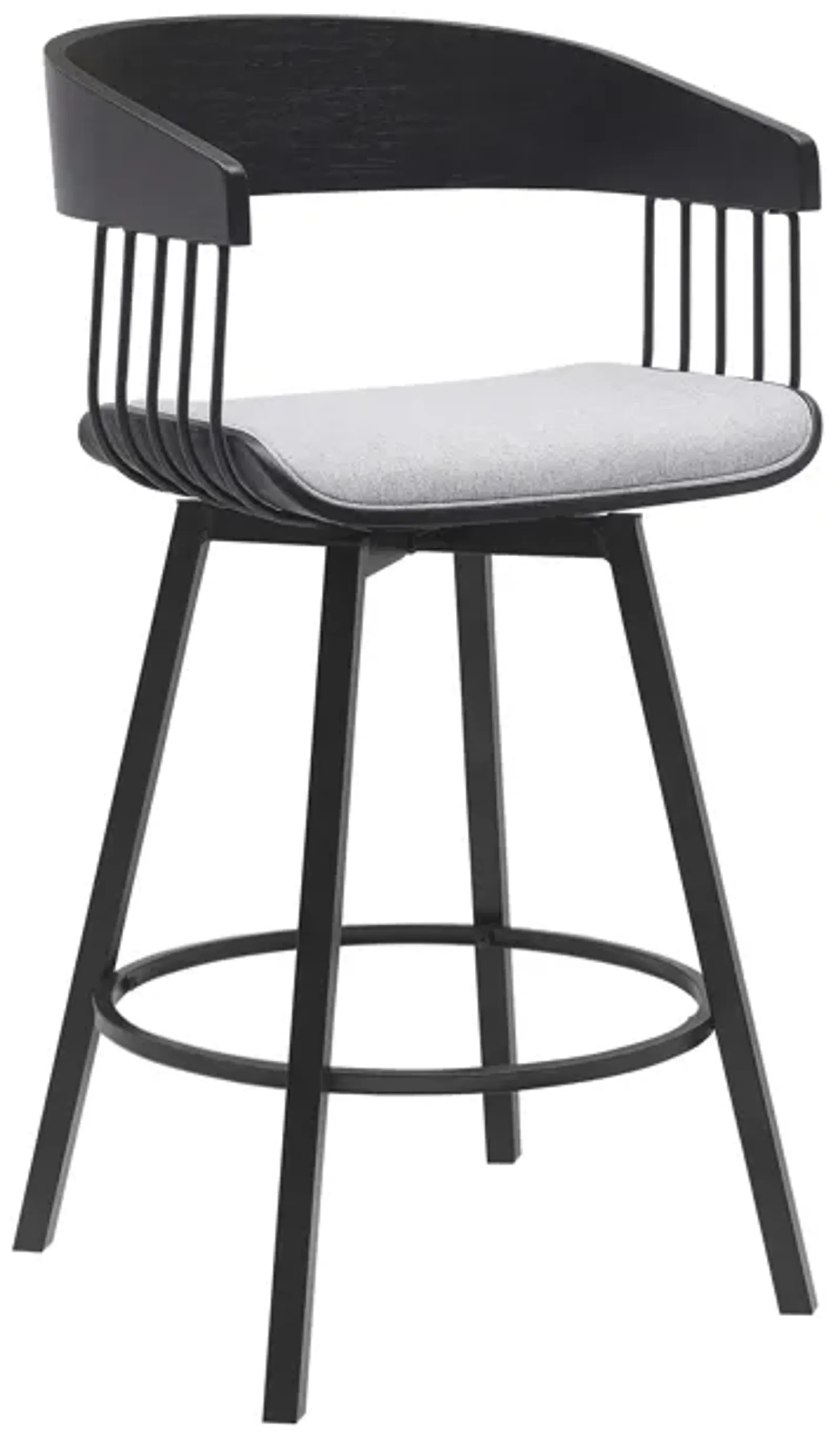 Athena 27" Swivel Black Wood Counter Stool in Light Gray Fabric with Black Metal